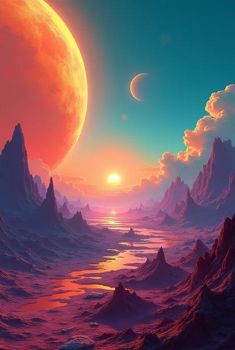 Landscape of a planet with black background and the color of the planet are vivid orange hue with red shades of teals and deep blue with splashes of purple. Make it big and clear