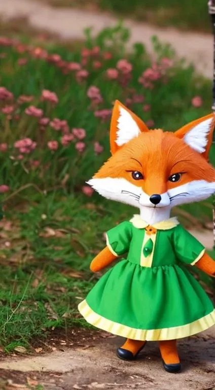 Create a cartoon of a little fox dressed in a green dress