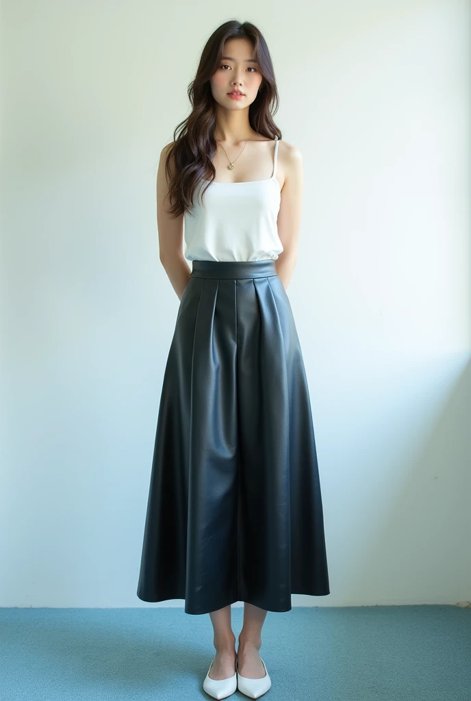 A beautiful lady, asian, Japanese,
Long hair, 
Medium height,
Hands behind body,
Turning a round in front of a white wall in an office with light blue carpet,
Wearing a white camisole,
Wearing a shiny black leather big a-line full circle long skirt knee le...