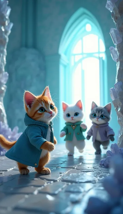 Draw a realistic picture, in a crystal maze. Toto, an orange male kitten with brilliant green eyes, wearing a long blue coat. Mimi, a white furred female kitten with soft blue eyes, wearing an emerald green coat. Lala, a kitten the soft gray furred female ...