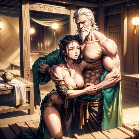 The emperor is a rugged and burly old man (tall body, handsome,shirtless,beard,short hair,hug,  being arrogant towards someone who sees it by tugging at a girls bra until it is loose and torn,wearing robe,bad,   wearing the clothes of an ancient Chinese ki...