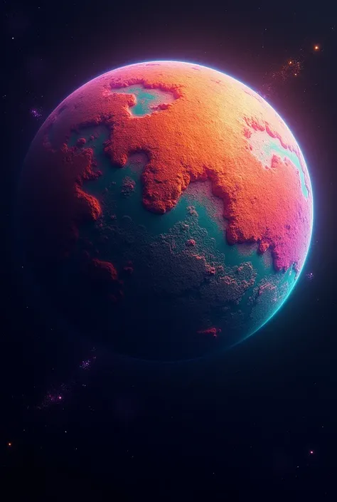 Just a planet and its colors are vivid orange hue with red shades of teals and deep blue with splashes of purple. Make it big and clear. The planets background is black