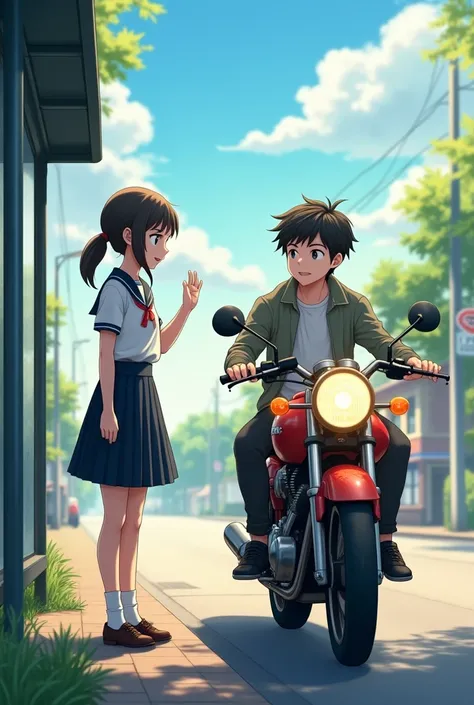 A girl in uniform standing near bus stop and waving bye towards a boy riding motorcycle and waving back at her