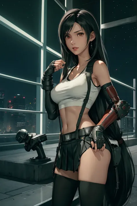 tifa lockhart, final fantasy vii,,ankle boots, black hair, black skirt, black knee socks, big breasts, cityscape, crop top, elbo...