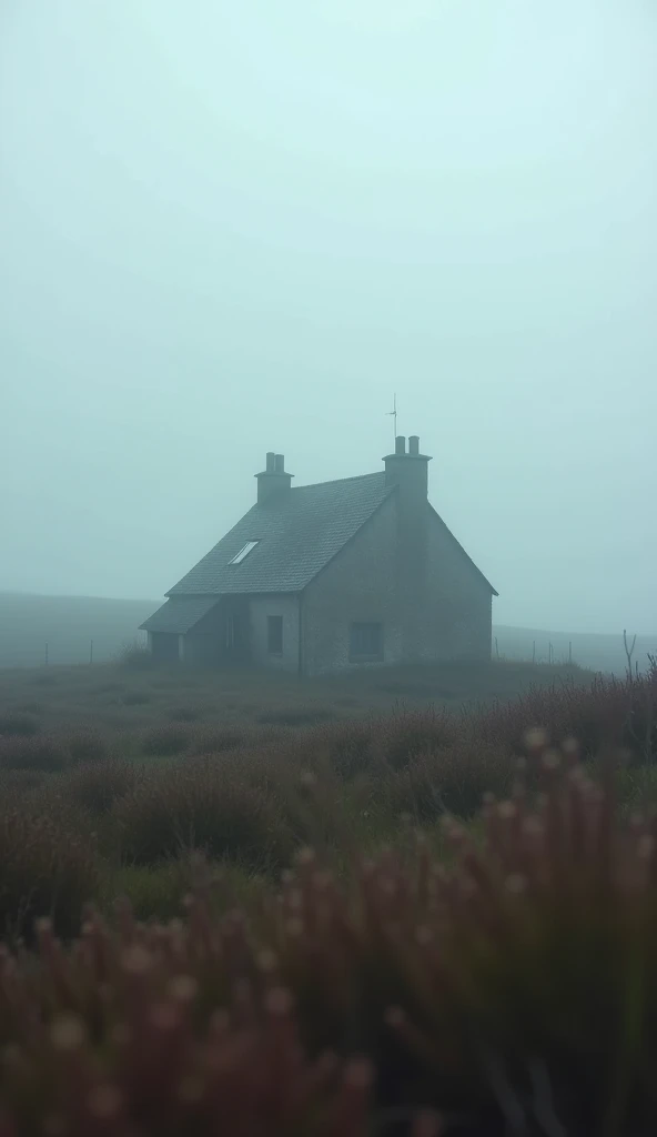 A lonely house on a foggy moor, surrounded by heather and wild grasses, with the air thick and cool in a temperate, mist-laden landscape, where silence is only broken by the occasional distant call of a bird.Masterpiece, UHD, Depth Of Field, 