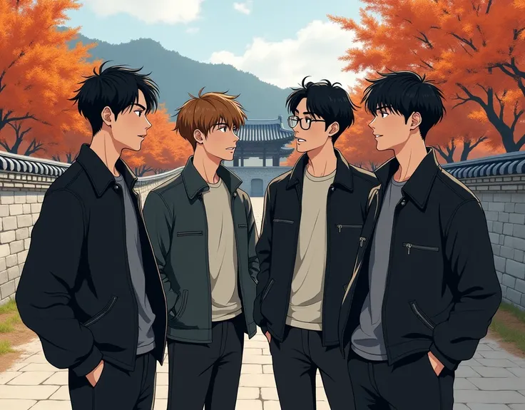 The stone wall and maple trees of Bulguksa Temple are visible in the background..  The appearance of the male students, 90s style black jacket and pants. A group of male students having a conversation. Show only the upper body.