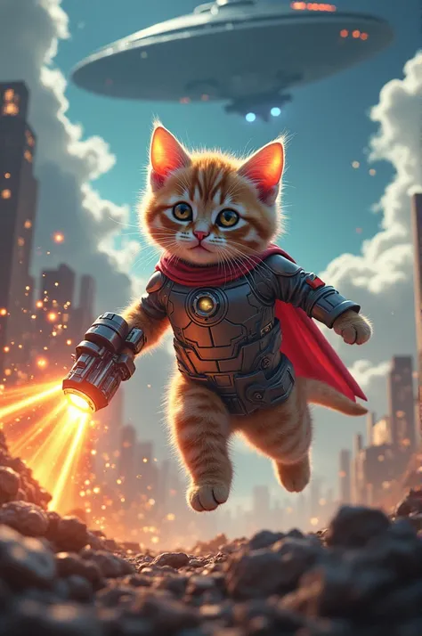 "Create a 4K, 8K ultra-detailed image of a war by Aleans with Super hero kitten device Kicked Alean and flew away out of the earth go galaxy