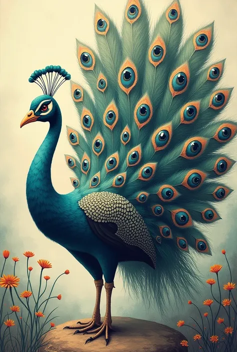 Animal surrealism (Peacock with Feathers Made of Eyes) easy drawing