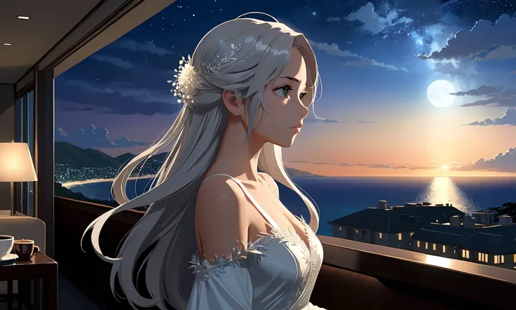 Uses Makoto Shinkai&#39;s depiction perfectly,Portrait of Halie Loren,8k 4k masterpiece photo ,Malibu,Ultra-luxury hotel penthouse,It&#39;s a dark night outside,Fully glassed,Beautiful in profile,Long Hair,Silver Hair,Look in a different direction,Standing...