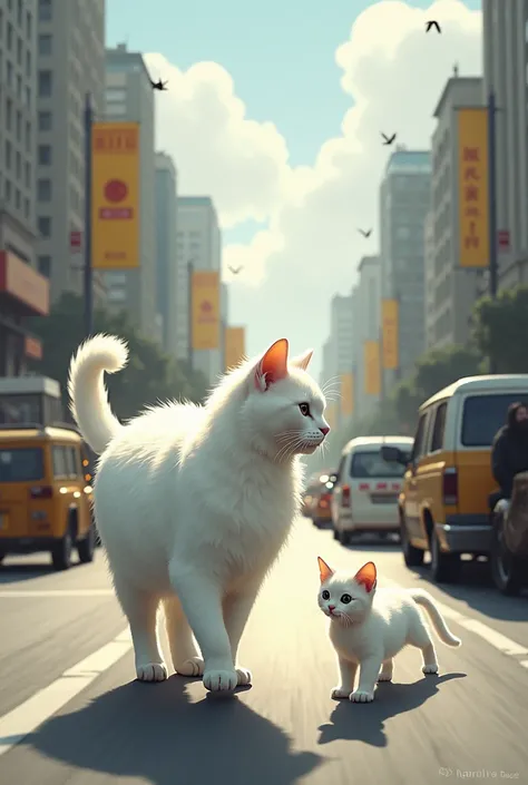 The white mother cat and her baby went for a walk in the city one day. The background scene should mention the busy streets of the city. There were many traffic jams on the streets.