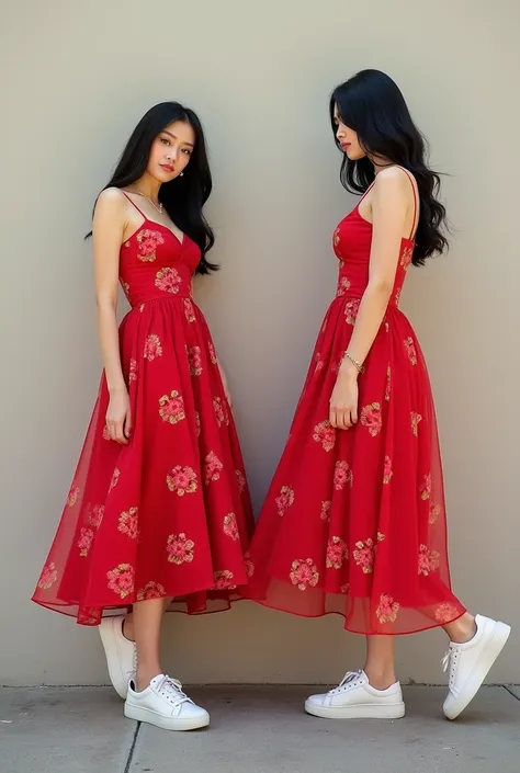 Realistic Cute women poses with wall having straight black hairstyle n wearing red knee length floral flared  gown with white casual shoe photoshoot 