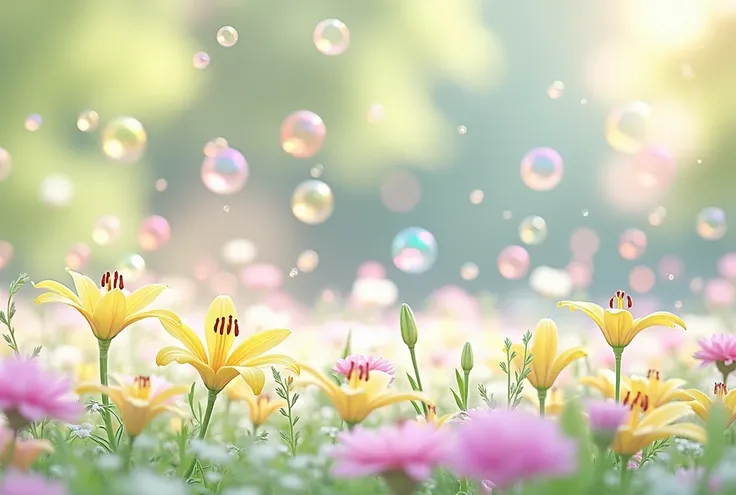 Create a calming video of a vibrant field filled with yellow and white lilies. Soft sunlight filters through the flowers, casting gentle, glowing light. The background is dreamy, with blurred patches of pink, green, and purple flowers. Colorful bubbles flo...