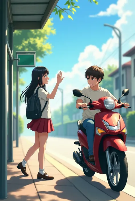 A girl in uniform standing near bus stop and waving bye towards a boy riding motorcycle and waving back at her