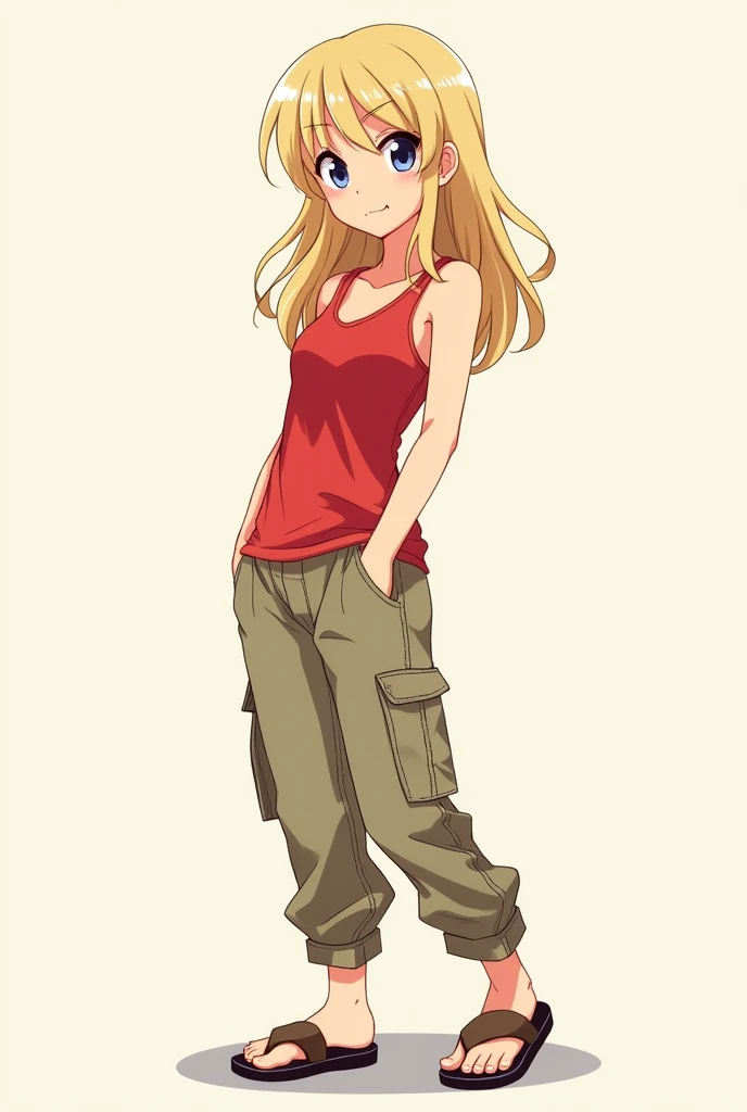 Anime blonde woman in red tanktop khaki pants and sandles with no socks