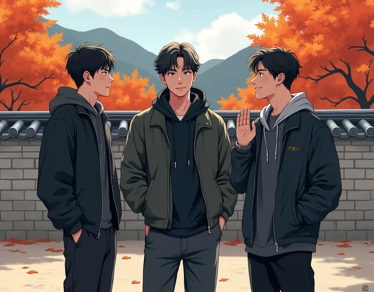 The stone wall and maple trees of Bulguksa Temple are visible in the background.. The appearance of the male students, 90s style black jacket and pants. A group of male students having a conversation. Show only the upper body. A friend raises his hand and ...