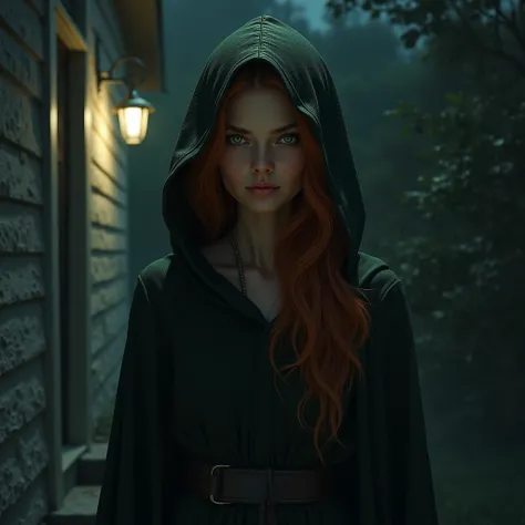 realistic image. Woman of the night, arrives at the door of a house. is high, redhead and green eyes, lovely. His body is not visible as he is wearing a tunic that covers it., nor the details of his face because it is covered by the hood of the tunic. The ...