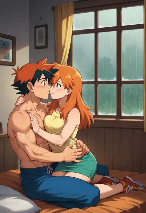 1boy, black hair, short hair, brown eyes, hair between eyes, ash ketchum, shirtless, blue pants, handsome boy, macho, good looking boy, muscular boy 1girl, misty pokémon, orange hair, long hair, hair down, green eyes, short dress, mini skirt, pretty, beaut...