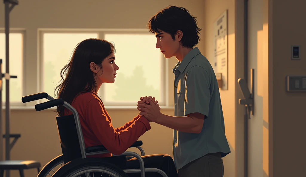 Sneh and Rohit are at the physiotherapy center. Sneh is in a wheelchair, struggling but determined, while Rohit encourages her, standing beside her as she works hard to regain her strength. The scene reflects their commitment and Rohit’s support.
