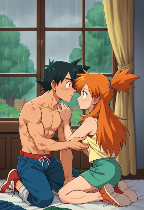 1boy, black hair, short hair, brown eyes, hair between eyes, ash ketchum, shirtless, blue pants, handsome boy, macho, good looking boy, muscular boy 1girl, misty pokémon, orange hair, long hair, hair down, green eyes, short dress, mini skirt, pretty, beaut...