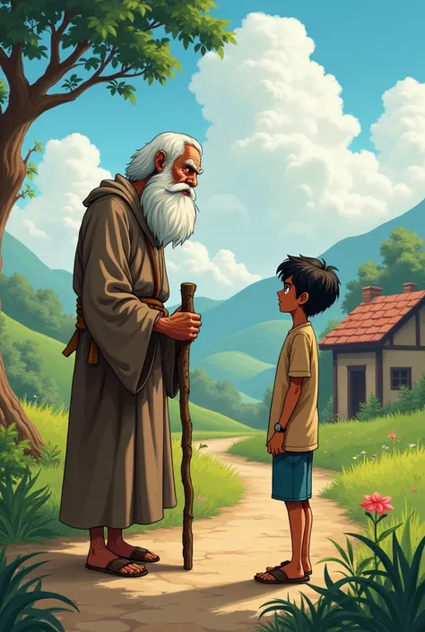 As soon as he reached near the house, an old man suddenly appeared in front of him. His beard was white, his eyes deep, and he held a wooden stick in his hand. The old man kept staring at Raghu.create a cartoon image on this lines
 and size was landscape p...