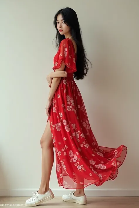 Realistic single Cute women poses with wall having long straight black hairstyle n wearing red butterfly sleeve knee length floral flared  gown with white casual shoe photoshoot 