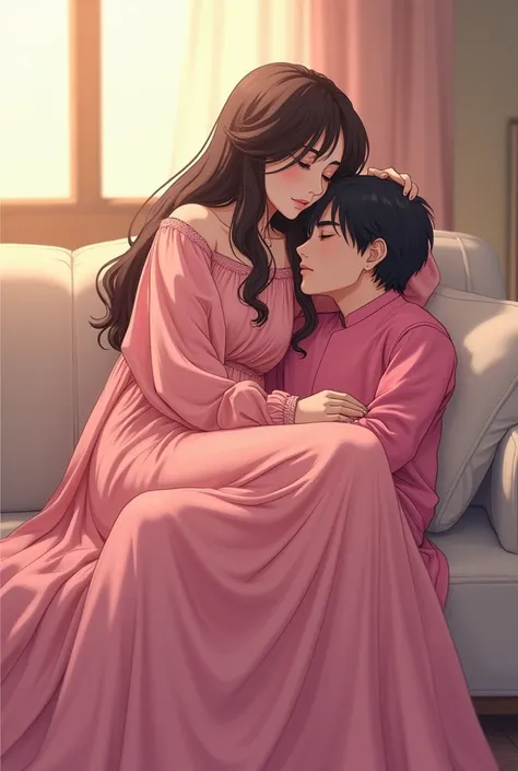 A girl sitting on sofa with pink long gown and a man in pink kurta laying on her lap anime 