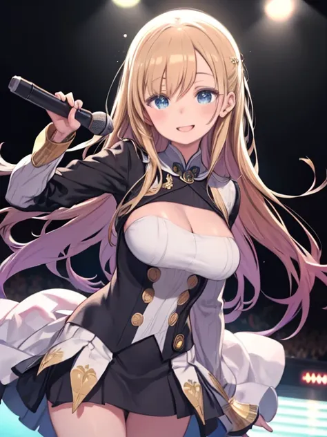 Idol Uniform , microphone , stage , masterpiece , Highest quality , detailed , bangs , woman ,Big Breasts, smile