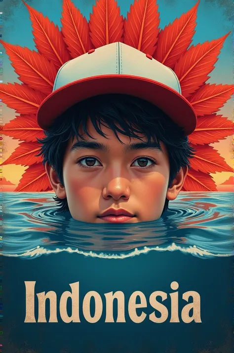 a handicraft art of a teenagers face wearing a snapback hat on a red and white leaf underneath which is a name that says "Indonesia", sea water background, very beautiful evening sunset, ultra HD quality image, very detailed image