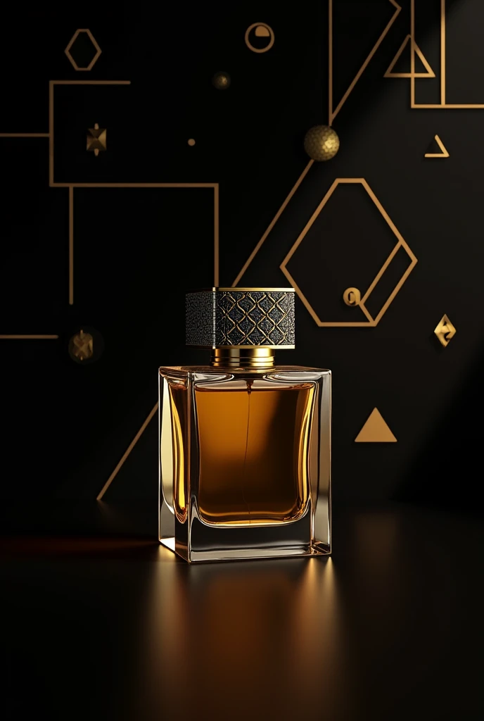 4K corporate image of a luxury perfume. Square clear glass bottle with shiny golden liquid inside. Matte black cover with gold geometric details. Black background with abstract geometric shapes in gold, like triangles, hexagons and lines that subtly intert...