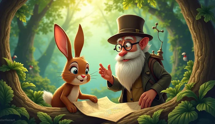 Benny brown rabbit and Professor Hootenanny examining maps and instruments in forest 