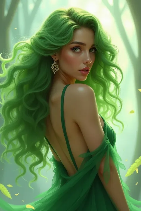 Girl with bright green hair lush curly sexy pose,  airy green dress