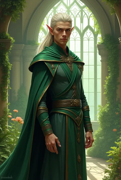 beautiful drawing , long elven robes,a very handsome male elf mage, Avallac&#39;h, beautiful eyes smart , light hair below the shoulders combed back, elven, Royal, long clothes, sharp cheekbones, sunken cheeks, triangular face. straight nose, stands in the...