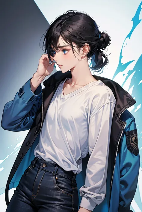 pair: Girl with black hair, Hair pinned up on both sides,Brown eyes, in jeans, in a blue jacket, fright;
A man with blue eyes, with light hair, in a white t-shirt, unbuttoned blue hoodie, black pants, fright
