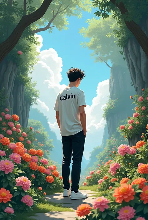 Making a beautiful flower and beautiful nature view and a alone men with age 19 with dry hairs ,fit body with black clothe white shoes and Calvin tshirt