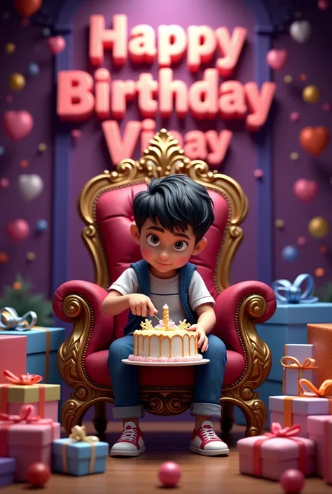 Create realistic illusion image of a  boys is sitting on a king chair and she is cutting the birthday cake, there are many gifts kept next to it and happy birthday Vinay , 3d text is written on the back wall the wall colour is purple 