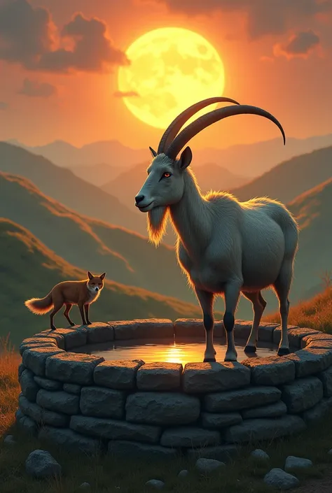 A symbolic scene showing a wise goat looking determined and thoughtful, standing at the edge of a well. The fox is in the distance, looking back. The setting sun in the background symbolizes learning and reflection.