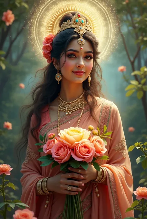 You would like a beautiful image of Radha Rani with flowers in her hands, with the text "Radha Rani Ki Jai Bolo" on it.