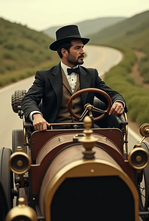 Driver driving an antique car from the 1800s