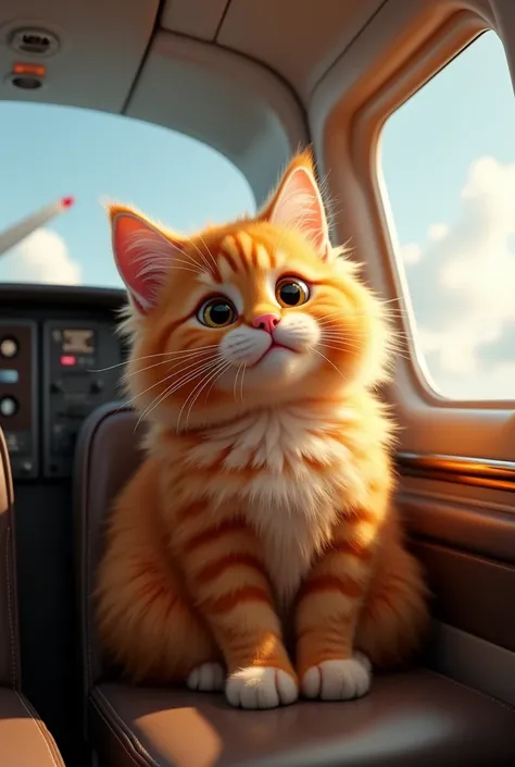 A orange realistic fluppy cat riding a airoplane.