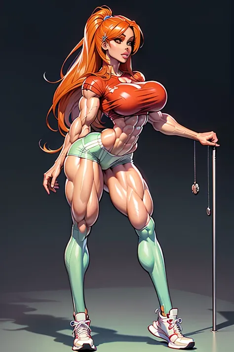 fullbody view, (navel piercing), navel exposed, generate an illustration of a mature orihime, pink shirt,  orange hair , ((haile...