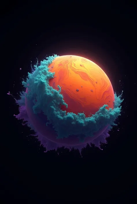 A planet and its colors are vivid orange hue with red shades of teals and deep blue with splashes of purple. Its background is plain black. Keep it simple but captivating. Try to make it like its not ai made