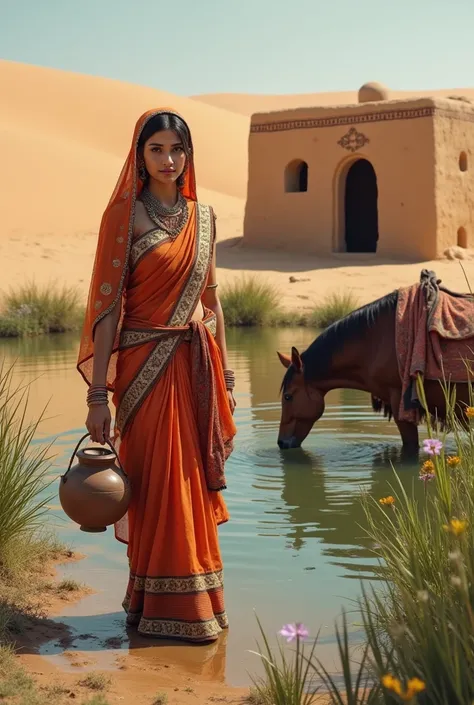 A Rajasthani married girl goes to give water to her horse in a pond built amidst the sandy dunes of Rajasthan, her hut is beautiful nearby