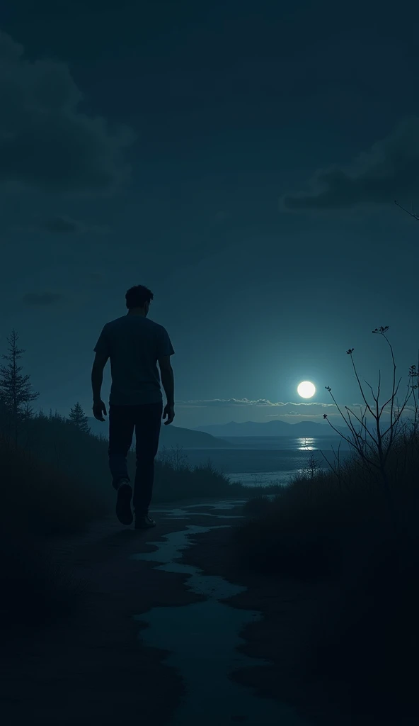 A beautiful scene of a man walking in the dark of night, with the sunrise in the distance. A flash of light is emerging as a symbol of hope for a new day. 