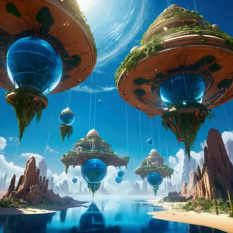 Futuristic Desert Floating Islands Suspended in the Air, City, fantasy,Miraculous plant growth, Extreme details, Real Lighting, Blue sky, Epic creation, (Intricate details), (masterpiece, best quality), Ultra HD