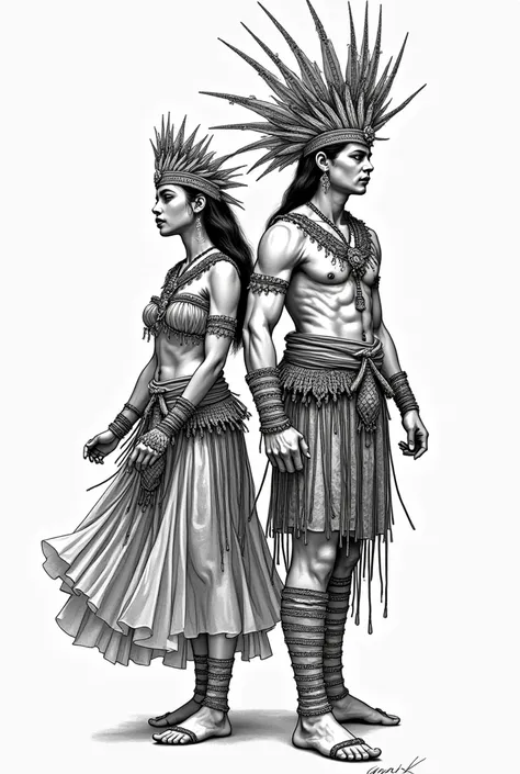 Black and white drawing of Sinulog festival costume for male and female