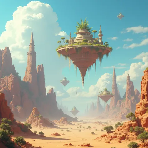 Futuristic Desert Floating Islands Suspended in the Air, City, fantasy,Miraculous plant growth, Extreme details, Real Lighting, Blue sky, Epic creation, (Intricate details), (masterpiece, best quality), Ultra HD