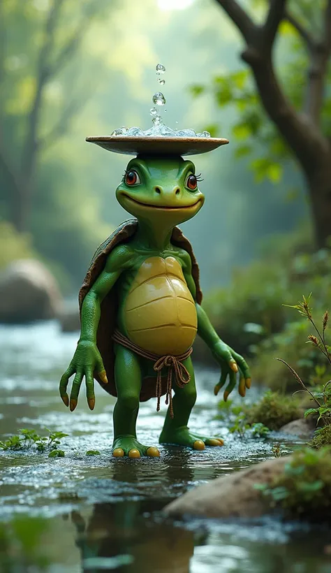  

Prompt: "A small, green-skinned humanoid creature with a turtle-like shell on its back, standing by a river. It has webbed hands and feet, and a dish of water on top of its head. The creature has a mischievous grin, wearing a simple loincloth, with reed...