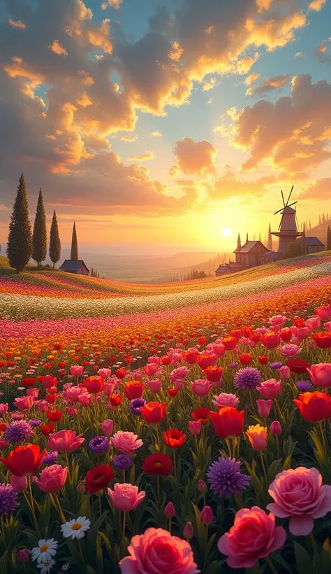 A breathtaking landscape with vibrant and colorful flower fields in the foreground, showcasing flowers in shades of red, pink, orange, purple, yellow, and white. The horizon is filled with a golden sunset, casting a warm glow over the scene. Above, a drama...