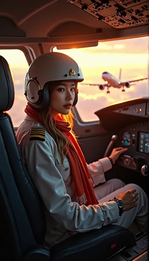 masterpiece, Portrait of a beautiful young pilot sitting in the cockpit, The pilot wears an Acrisp suit..., Custom flight suit,Embellished with scarves and patches that represent their experience and expertise....  The pilot wears the captains helmet..., C...