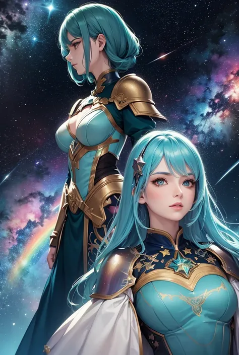 women with rainbow colored hair and detailed teal dress armor, posing, rainbow colored cosmic nebula background, stars, galaxies, intricate details, perfect face, long eyelashes, detailed armor, breasts